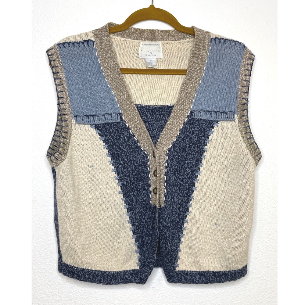 Christopher & Banks Womens Sweater Vest Patchwork Hand Embroidered Size M Blue